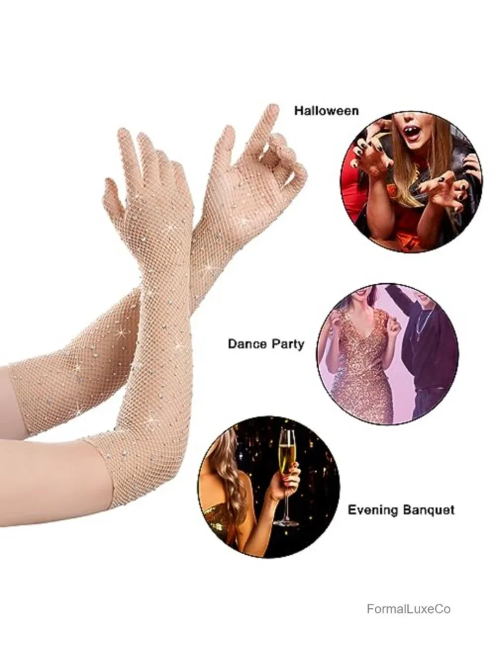 Women Rhinestone Fishnet Gloves Long Mesh Sparkly Opera Party Glitter Sheer
